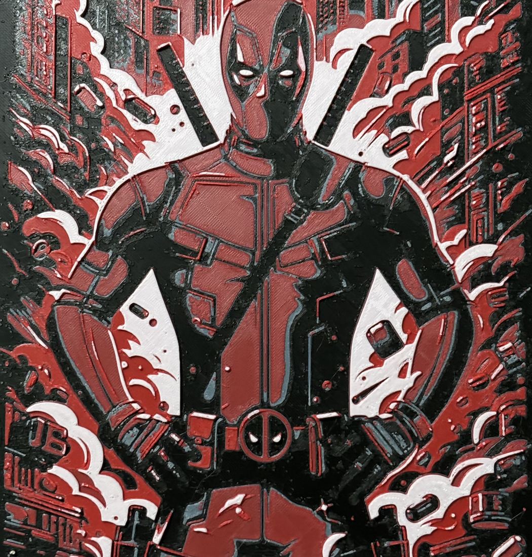 A black, red, grey and white 3D printed Deadpool poster