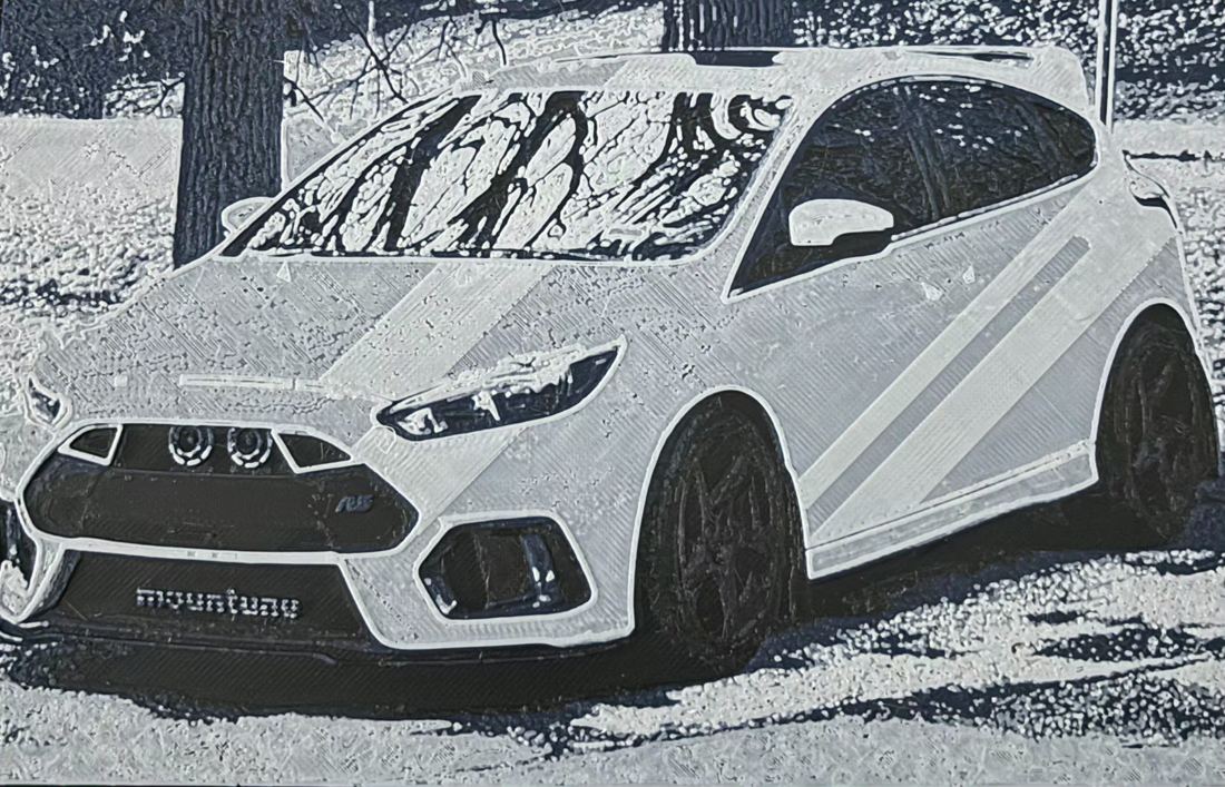 A black, navy and white 3D printed picture of a Ford Focus RS parked under trees